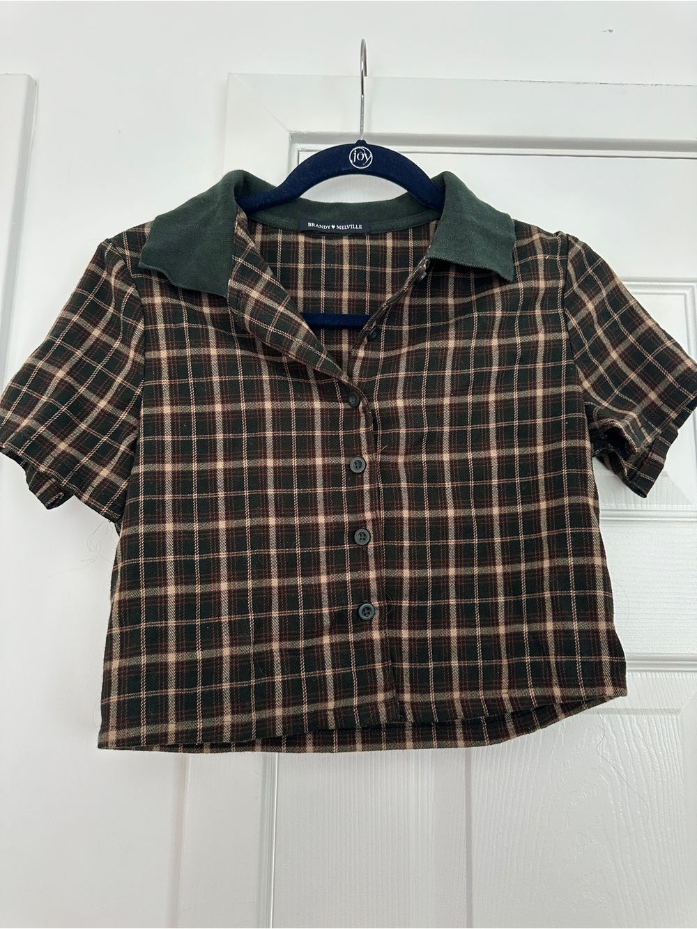 Brandy Melville Brown & Green Plaid Cropped Button-Up Shirt